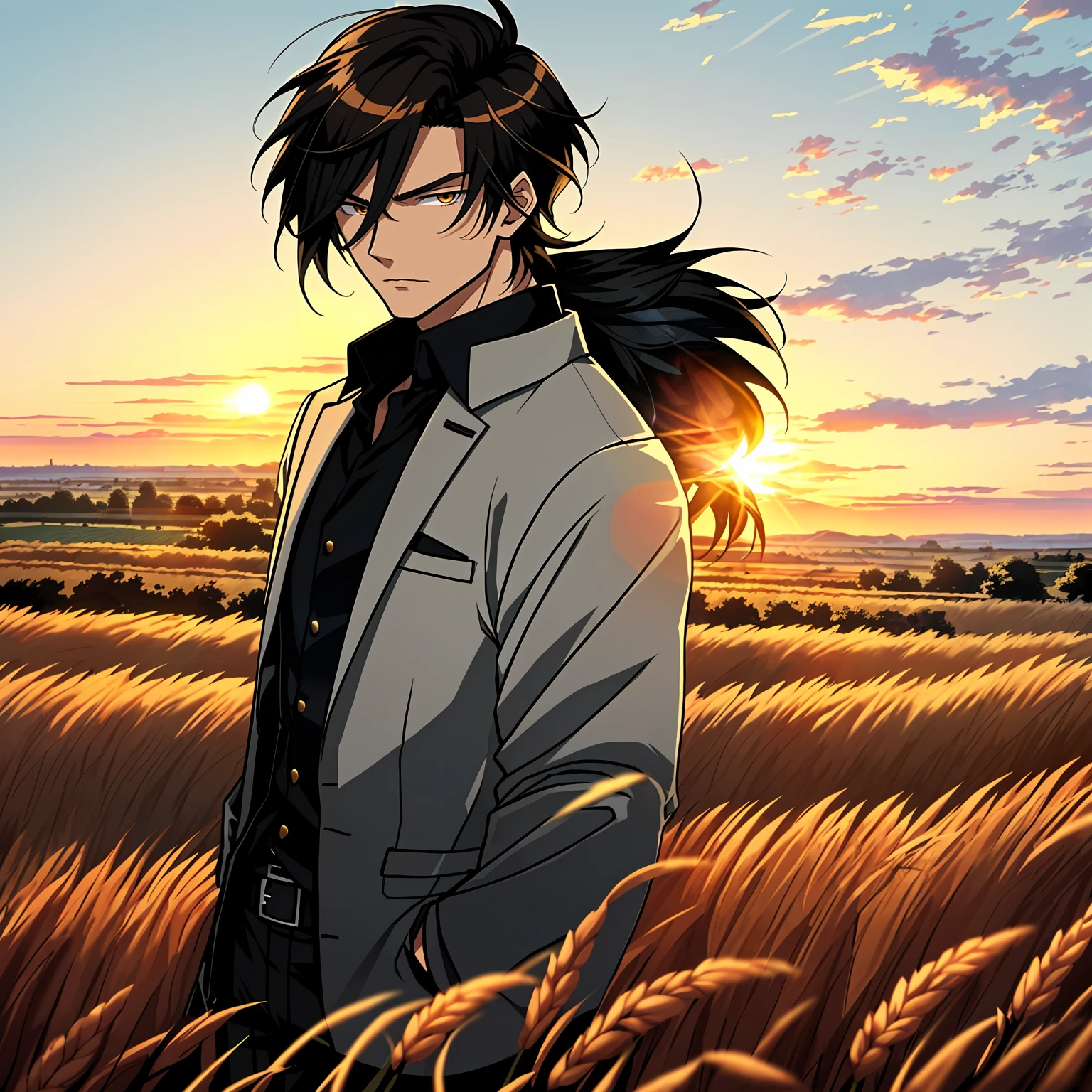 Rye field with sunrise background, anime handsome man,black color hair,Black eyelackn clothes