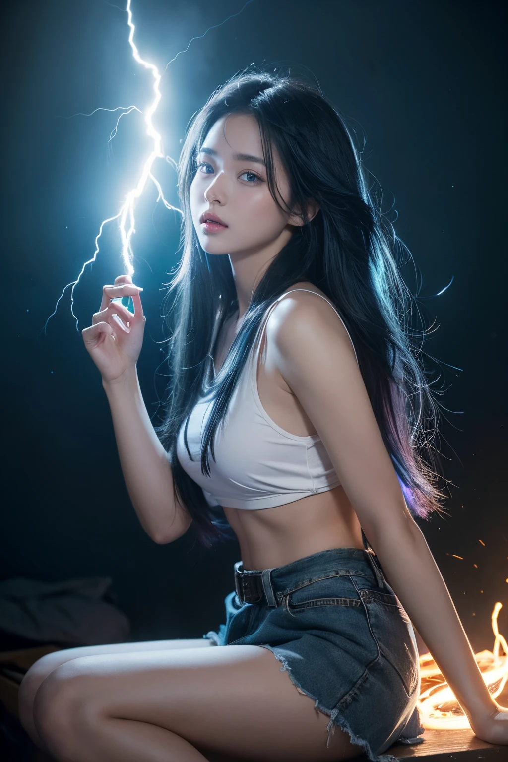 1girl,small breast,{bare knee},best quality,highly detailed,{{masterpiece}},ultra-detailed,illustration,{{{hiten}}},Depth of field,wind lift,very long hair,beautiful detailed eyes,{{{a mechanical arm}}},{surrounded lightning magiccircle},light blue eyes,beautiful detailed eyes,gorgeous,cowboy shot,{looking at viewer},{strong light on body},{{Iridescence hair}},{{{watercolor_(medium)}}},glowing circle pupils,sitting,floating hair,{pleated_skirt},{{{{lightning bolt hair ornament_glowing}}}},blue hair,burningsky,{{tareme}},{{{holding lightning _glowing_huge}}},lightningeffect,{{detailed electricity surrounded}},{electricity},{Burnoneselfinflames},lightning dark clouds,, best quality,masterpiece,realistic,masterpiece,Highly detailed,extreme detail description,extremely detailed CG unity 32k wallpaper,8k,