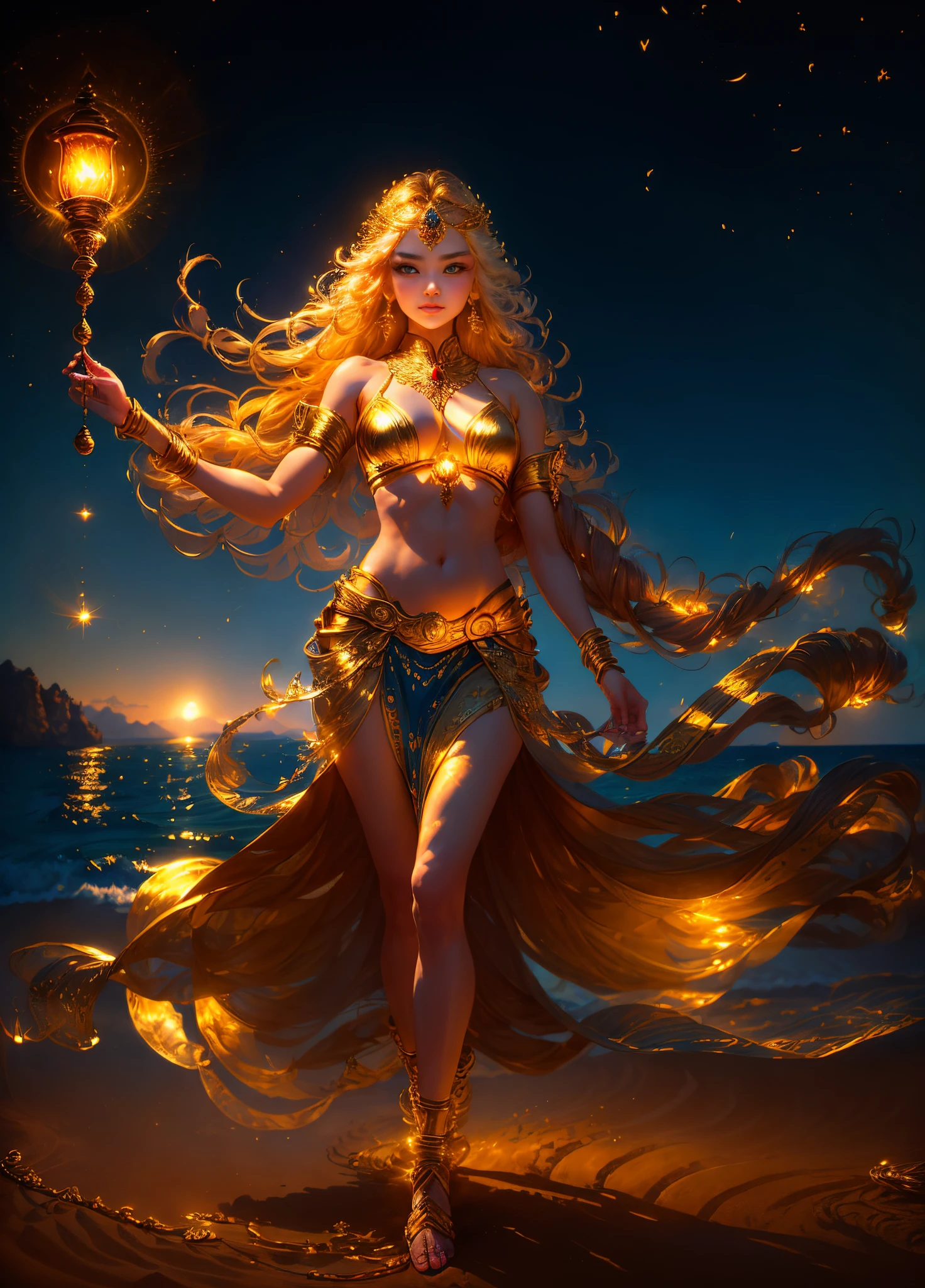 Full body photo, Lighting, 电影灯光, dream-like, Best quality at best, ultra - detailed,  Best quality at best, tmasterpiece, (Detailed faces), tall and sexy , skirt made of gold coins, glowing quicksand, floating ember crystals, golden hair accessory, metal that reflects sunlight, (Focus on body:1.25), Clear blue sky, Desert and ocean as background, with long coiled hair, gold eyes, Emit magical energy, Dark, light reflections