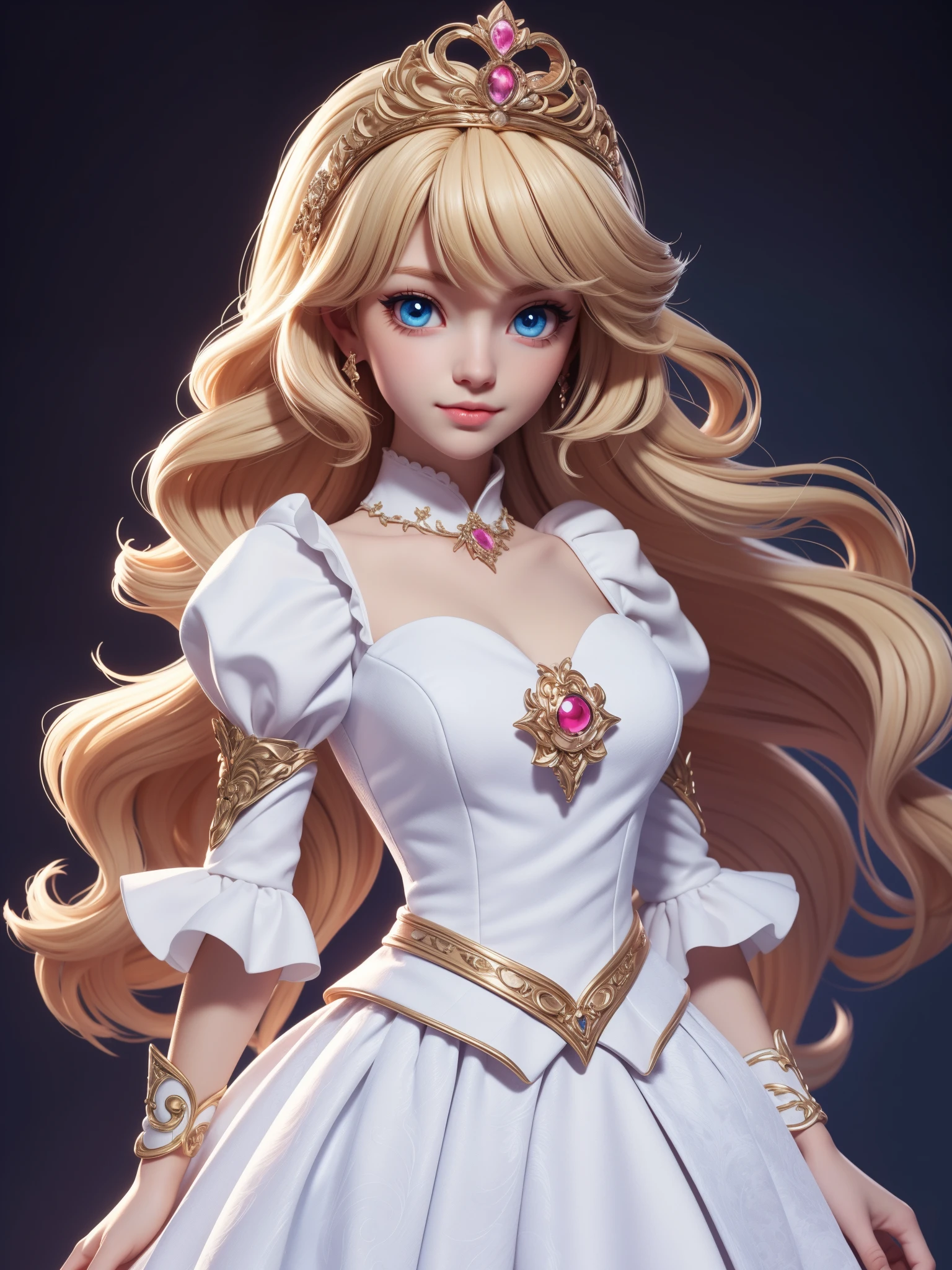 (Best quality,4K,8K,A high resolution,tmasterpiece:1.2),ultra - detailed,Cute Art，adorable digital art，blond hair blue eyes,The eyes are bright,White princess dress，puff sleeves，The stands up