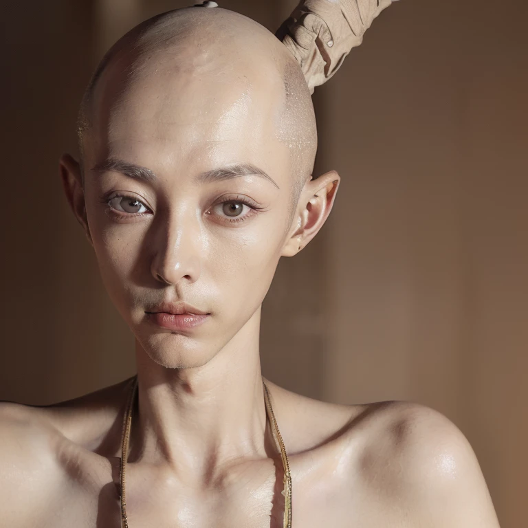 (masterpiece, best quality, extremely detailed CG unity 8k wallpaper, face only, looking at viewer:1.5), (1boy, akhenaten, ageless, beautiful, tall slender androgynous male, beautiful almond-shaped eyes, long narrow face, bald, donkey alien, plucked eyebrows:1.5)