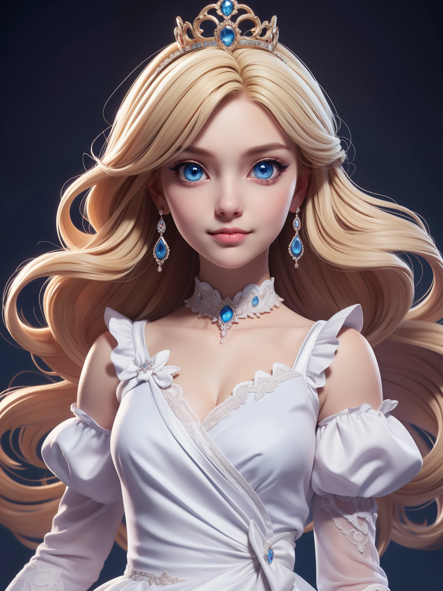 (Best quality at best,4K,8K,A high resolution,tmasterpiece:1.2),ultra - detailed,Cute Art,adorable digital art,bit girl,blond hair blue eyes,The eyes are bright,White princess dress,puff sleeves,Stood up