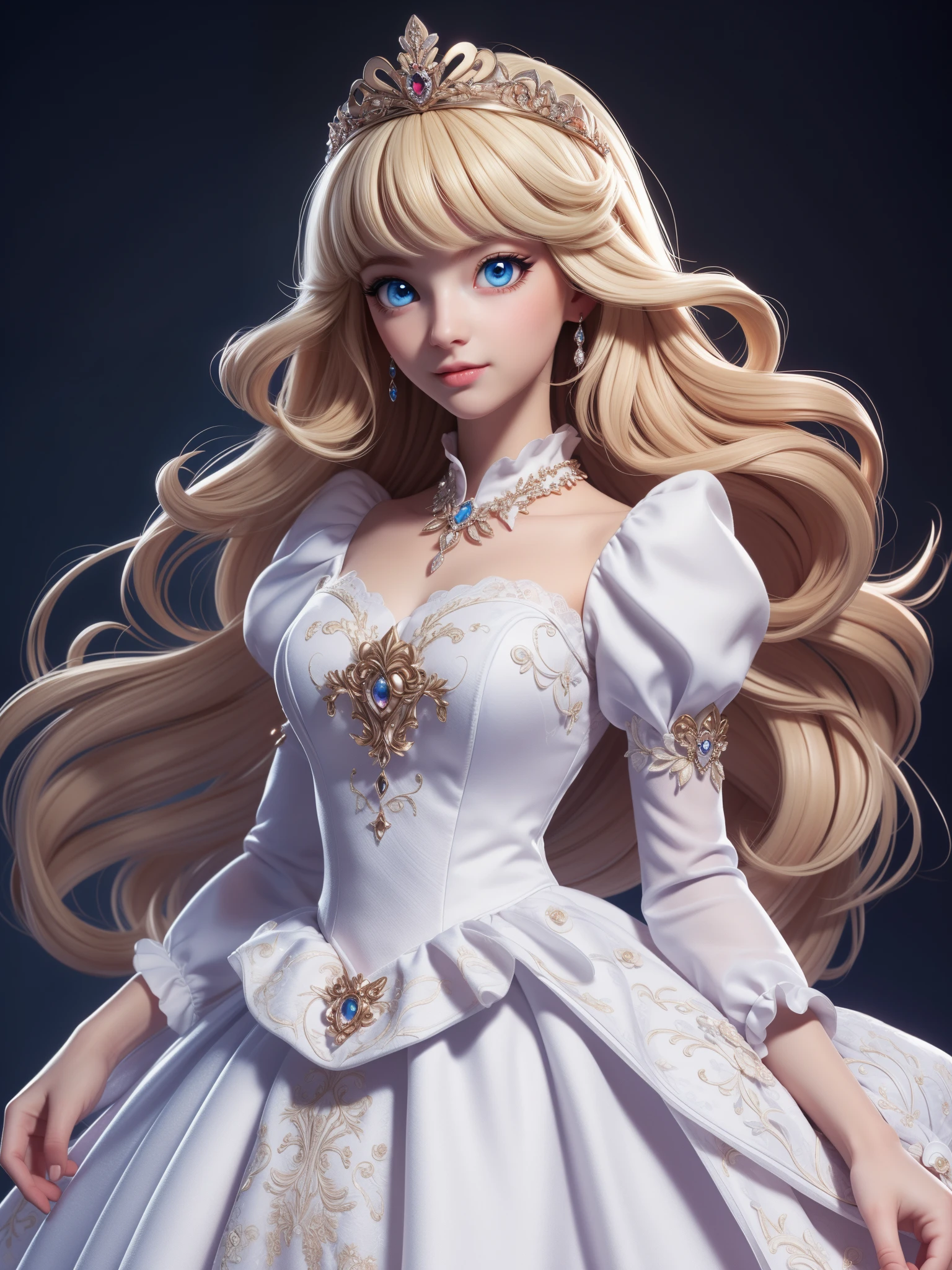 (Best quality at best,4K,8K,A high resolution,tmasterpiece:1.2),ultra - detailed,Cute Art,adorable digital art,bit girl,blond hair blue eyes,The eyes are bright,White princess dress,puff sleeves,Stood up