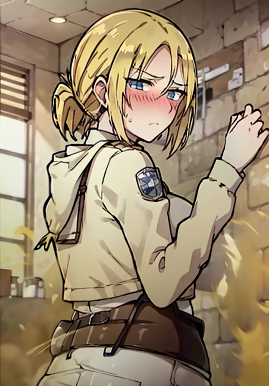 ((annie leonhart)),((velocity)),Attacked by farts, (((Women stand)),velocity,((dorm room)),((One Woman)),((fart while stand),her butt facing screen,((blushing)),(​masterpiece:1.2、top-quality)、(the Extremely Detailed CG Unity 8K Wallpapers、ultra-detailliert、Best Shadows)、(细致背景)、(The best lighting、extremely delicate and beautiful)、depth of fields、1girl in、独奏 ,Women wear  scout outfit,Ephemeral,,(blonde),(scout regiment outfit)),((((Girl  embarassed when she smells the bad smell of farts)))),outfit like a scout regiment,((((profile facing diagonally)))),((i&#39;I closed my mouth with hand feel embarassed...)),((massive fart)),((fart text))