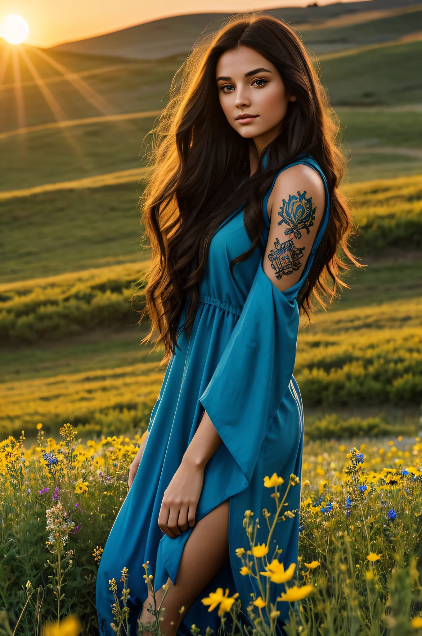 A stunning caucasian woman, 22 years old, con cabello largo y oscuro adornado con misteriosos destellos de color. Her deep amber eyes contain a touch of magic.., and his body is adorned with mystical tattoos. She wears a flowy blue robe that reveals her beautiful and toned figure.. Mientras ella se encuentra en un campo de flores silvestres, The sun sets behind her, casting a warm glow on its ethereal beauty.