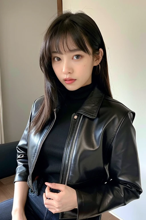 ((Best Quality)), ((masutepiece)), (Detailed), perfect face black leather jacket、Black skin miniskirt、Black leather long boots output as jpeg