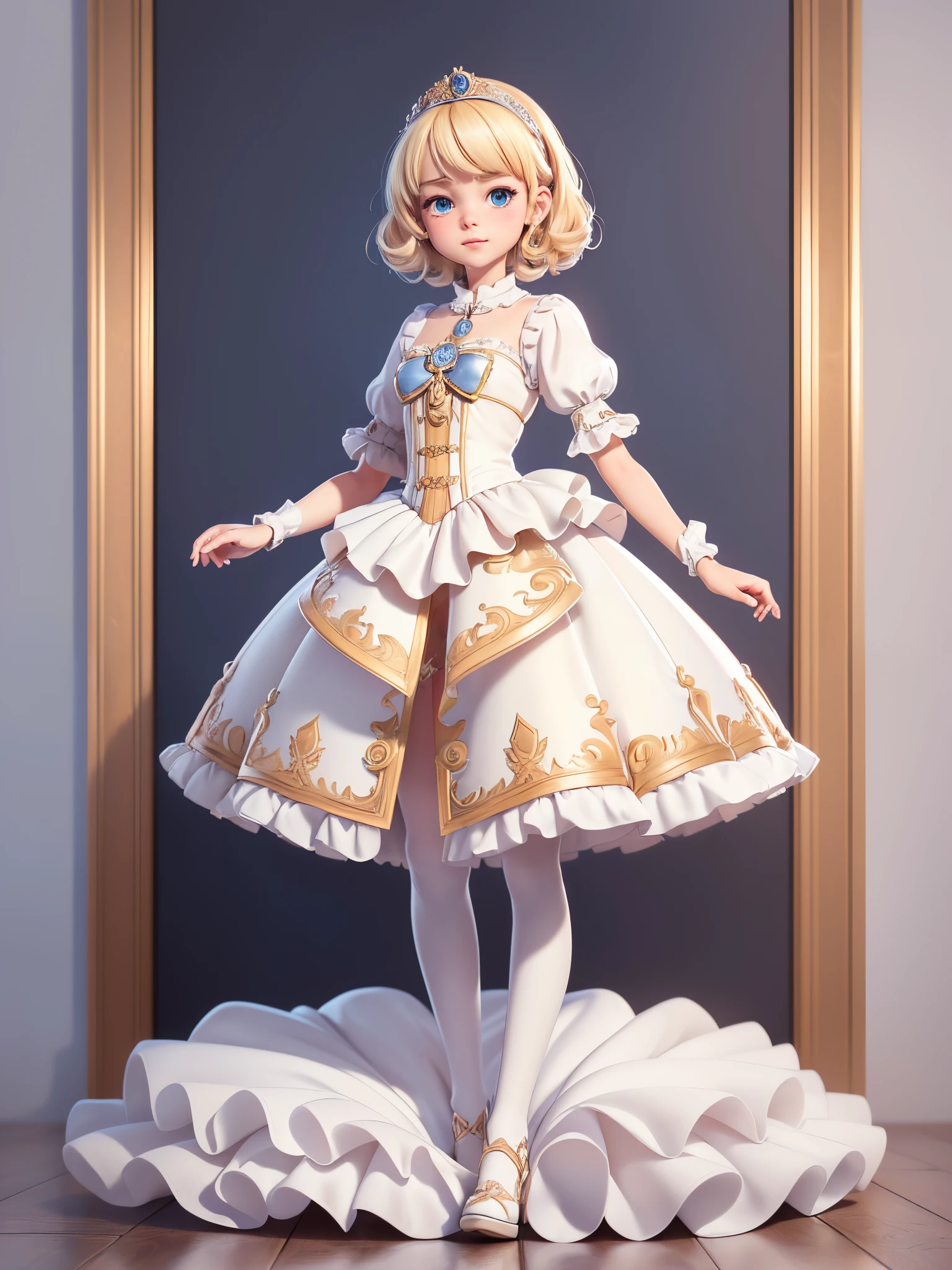 (Best quality at best,4K,8K,A high resolution,tmasterpiece:1.2),ultra - detailed,Cute Art,adorable digital art,12year old girl,blond hair blue eyes,The eyes are bright,White princess dress,puff sleeves,Stood up (Full body lesbian, including penas: 1.5)