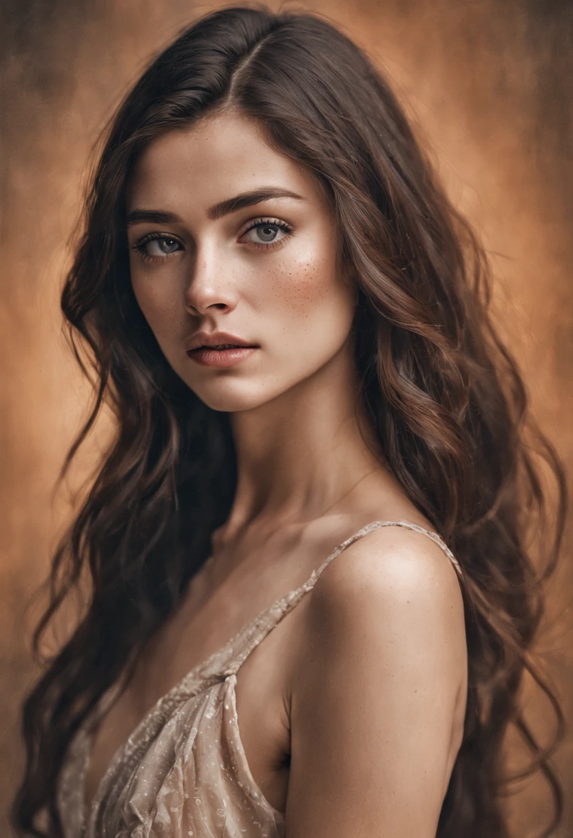 photo of beautiful age 24 woman, dark brown hair, freckles, sexy, beautiful, nude, young, dslr, 8k, 4k, ultrarealistic, realistic, natural skin, finely textured skin, – art nouveau-inspired illustrations