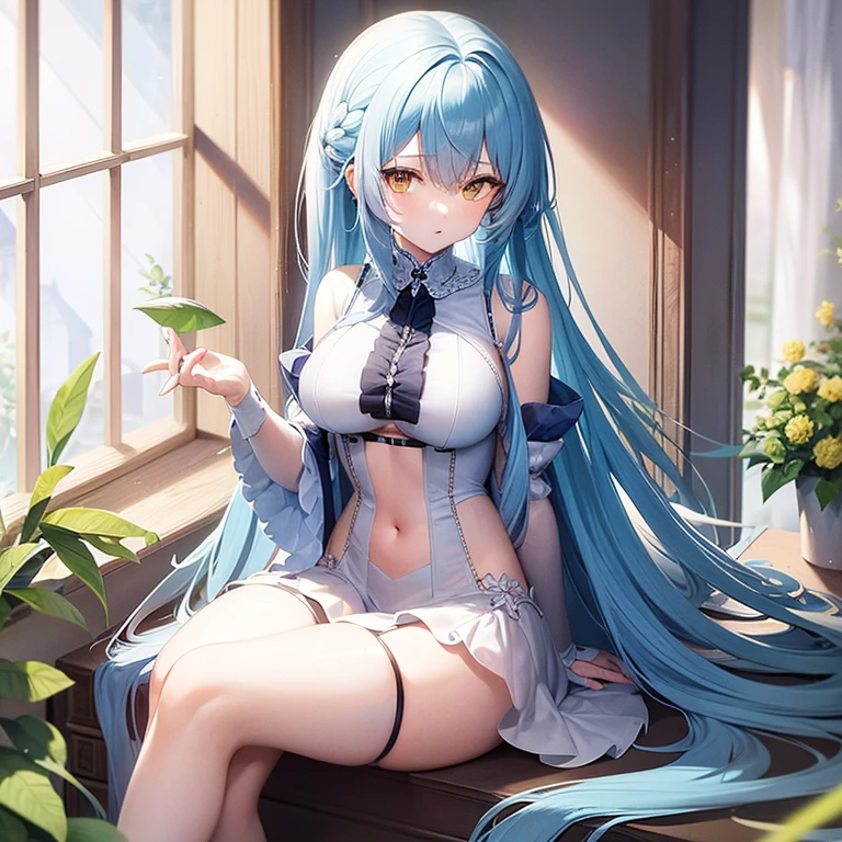 Long hair, light blue hair, yellow eyes, revealing outfit, white transparent lingerie, seductive sitting position, big breasts