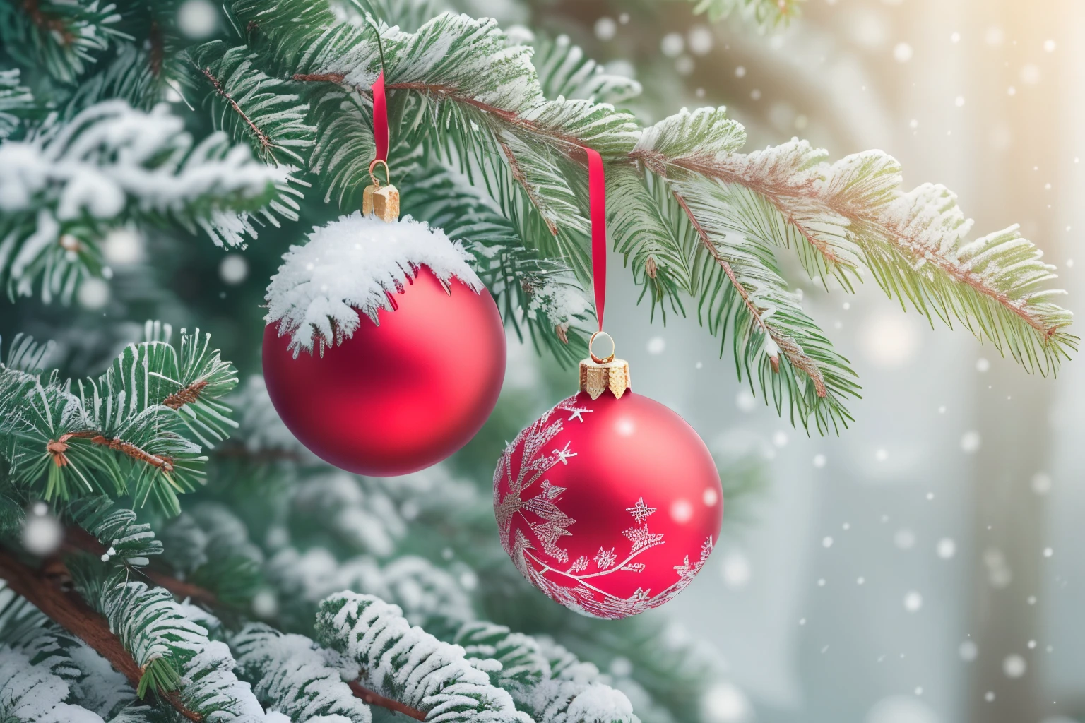 Christmas and New Year holidays concept. Red balls on fir branches, Winter snowy background. Festive winter background. design template. banners, copy space