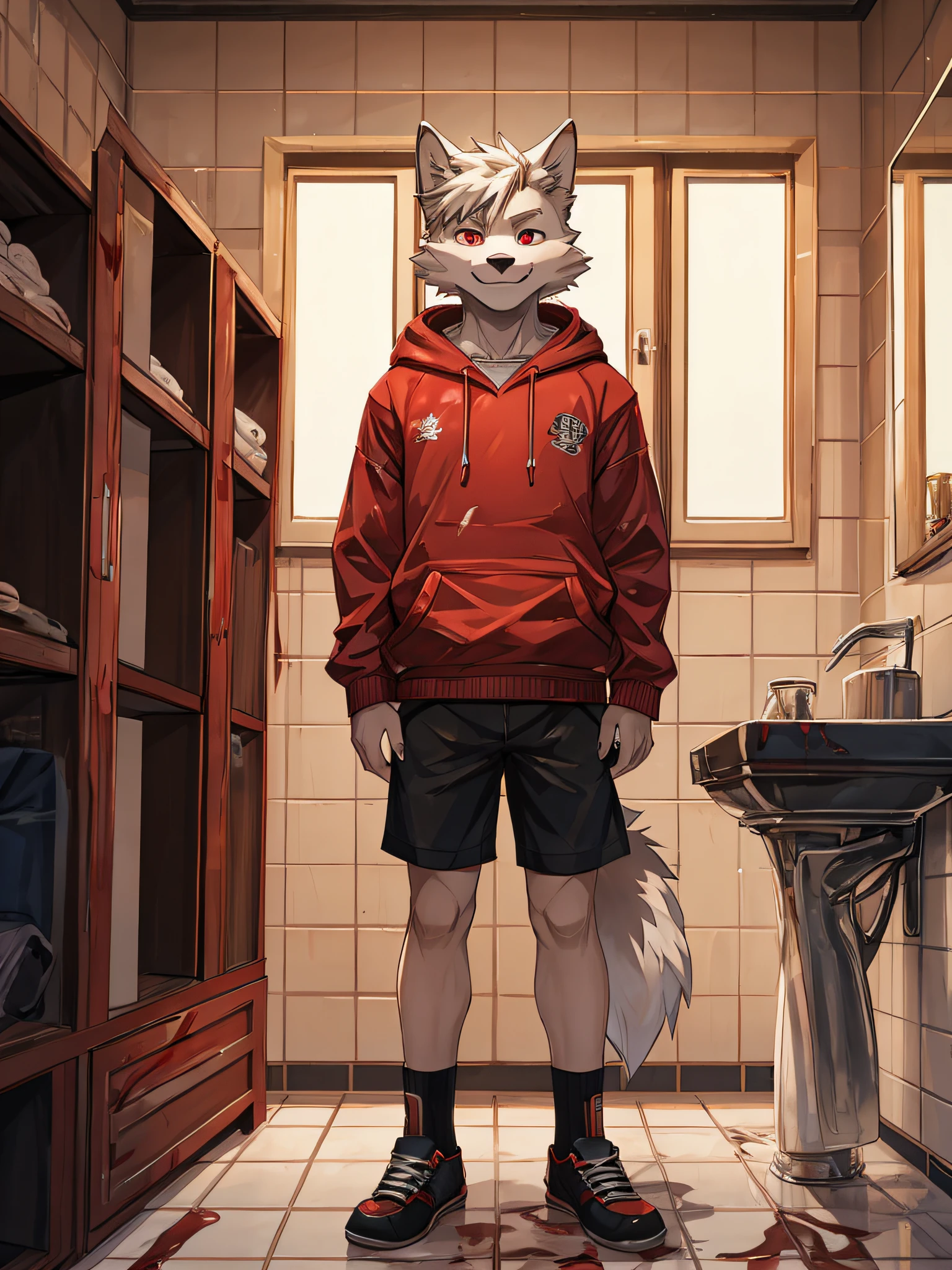 furry,bara,Shota,white fur wolf,Crimson eyes,Wearing a pink hoodie..,black shorts,fashion shoes,Standing in a bathroom covered in blood stains,He stood and licked the knife that had blood stains on it..,straight-looking at viewer,There are blood stains all over the body..,Happy smiley faces