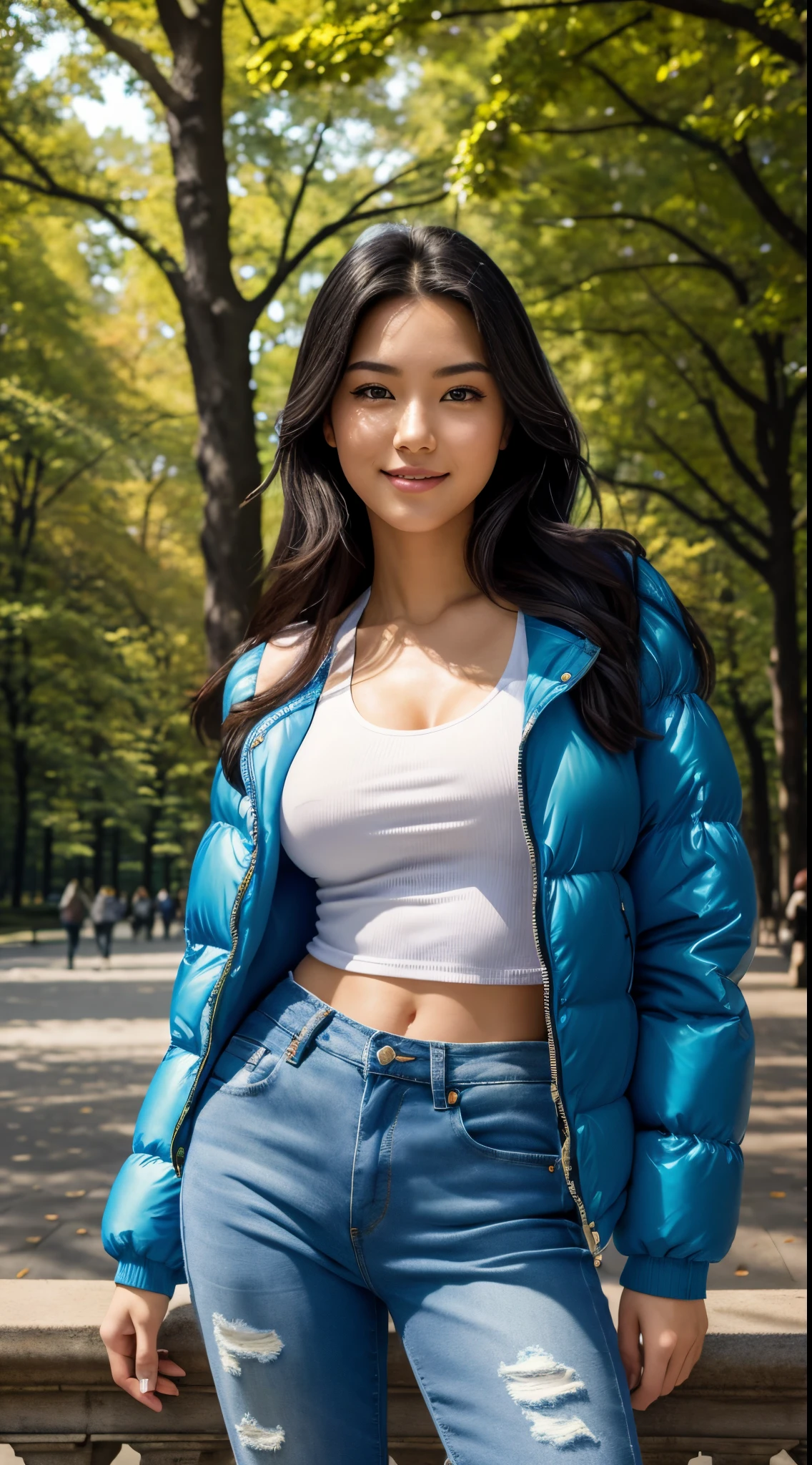 Foto hiperrealista en primer plano de Kim Joo, masterpiece, best quality, (photorealistic:1.4), full body, (blue SOFT PUFFER JACKET over white tank top:1.1), (blue jeans:1.2) heels, in the New York Central Park, sunny day,cinematic light, beautiful woman, skinny, large big breasts, black long hair, detailed face, smile, facing the camera, photo taken from a distance, age of 25 years old