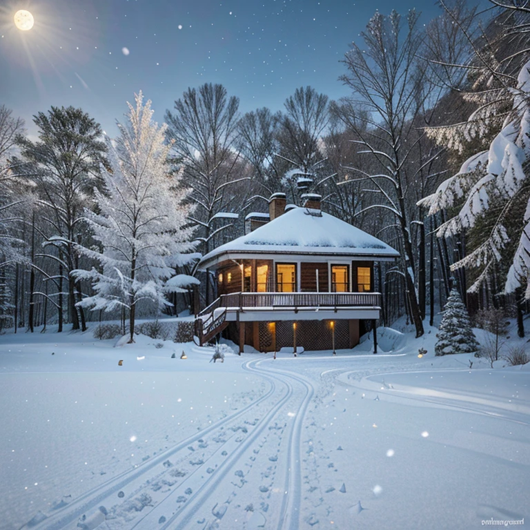 (best quality:1.2,ultra-detailed,realistic:1.37),Winter Wonderland,beautiful snowy landscape,sparkling icicles,glistening snowflakes,tall snow-covered trees,frozen lake,peaceful silence,magical atmosphere,vivid colors,breathtaking view,quiet and serene,cozy cabin in the woods,smoke coming out of the chimney,warm glow from the fireplace,frosted window panes,delicate snowfall,crisp winter air,soft powdery snow,footprints in the snow,frosty breath in the air,gloved hands holding hot cocoa,fuzzy earmuffs and knit hats,colorful scarves and mittens,children building snowmen,sledding down slopes,ice skating on the frozen pond,winter birds chirping,deer roaming through the forest,rooftops covered in snow,starlit sky with a full moon,peaceful winter night.