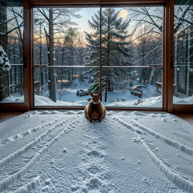 (best quality:1.2,ultra-detailed,realistic:1.37),Winter Wonderland,beautiful snowy landscape,sparkling icicles,glistening snowflakes,tall snow-covered trees,frozen lake,peaceful silence,magical atmosphere,vivid colors,breathtaking view,quiet and serene,cozy cabin in the woods,smoke coming out of the chimney,warm glow from the fireplace,frosted window panes,delicate snowfall,crisp winter air,soft powdery snow,footprints in the snow,frosty breath in the air,gloved hands holding hot cocoa,fuzzy earmuffs and knit hats,colorful scarves and mittens,children building snowmen,sledding down slopes,ice skating on the frozen pond,winter birds chirping,deer roaming through the forest,rooftops covered in snow,starlit sky with a full moon,peaceful winter night.