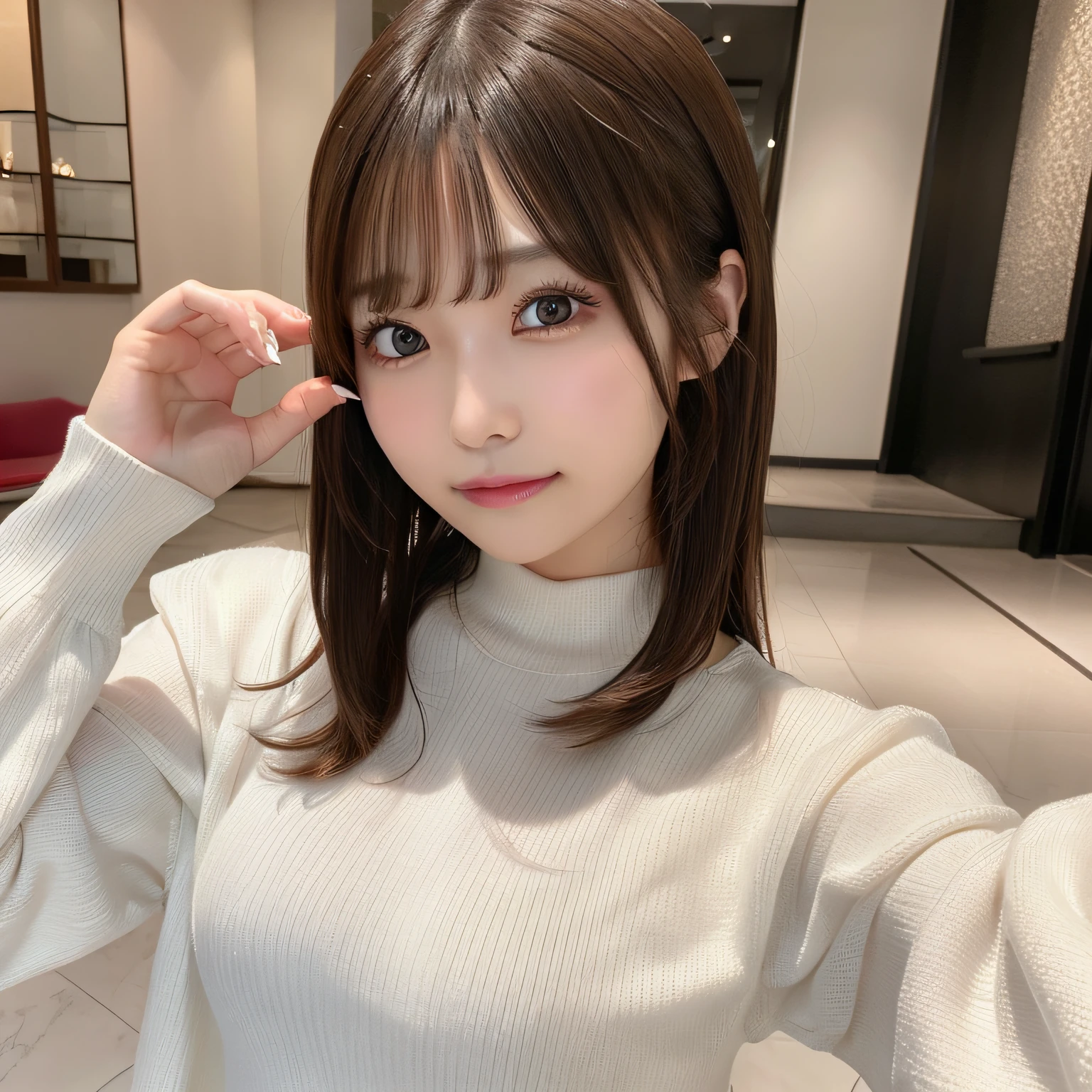 masutepiece, Best Quality, Photorealsitic, finely detail, hight resolution, 8K Wallpapers, Perfect dynamic composition, Beautiful detailed eyes, Medium Hair, large full breasts, Random and sexy poses,Bring your chest together、(Very Small Size Mock Neck Crop Tank Top White Knitwear)、(Breast bulge 1.2)、Resort scenery、20yr old、(Drooping eyes 1.4)、 Beauty、japanes