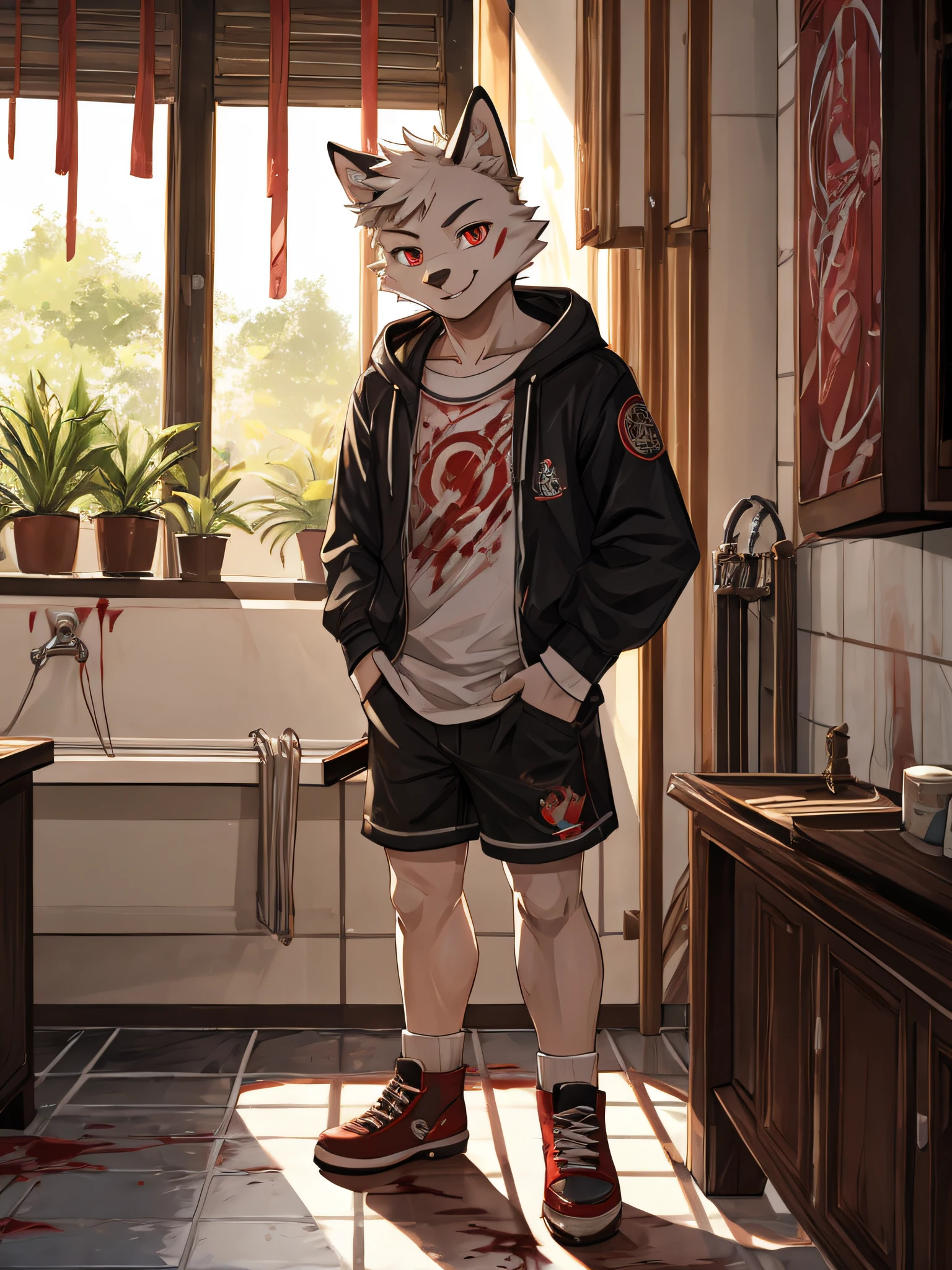 furry,bara,Shota,white fur wolf,Crimson eyes,Wearing a pink hoodie..,black shorts,fashion shoes,Standing in a bathroom covered in blood stains,He stood and licked the knife that had blood stains on it..,straight-looking at viewer,There are blood stains all over the body..,Happy smiley faces