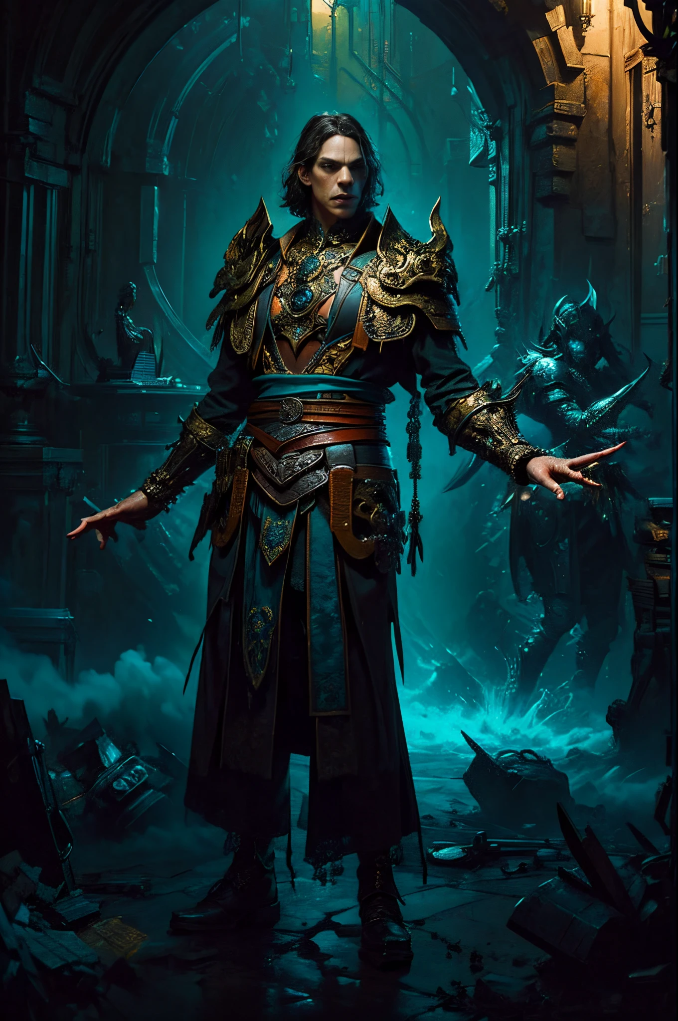 gothic art, lightand shade contrast, Standing Picture, Ramen, holland angle, emphasis lines, tmasterpiece, Acura, Anatomically correct, A high resolution, Best quality at best, super detailing, Award-Awarded，D14BL0 style magician（Played by Benedict Cumberbatch）, male people，being thin, cunning，Ornate Battle Robes，（Commoner），jewel embellishment，Erudition，blond hairbl，((详细的脸))，((詳細な目))，((correct hand))，((Complete and beautiful five fingers))，((anatomically correct limbs))，((Correct anatomy))，，Epic war fantasy digital art，(greg rutkovsky:0.8), (cyan and orange:0.4），