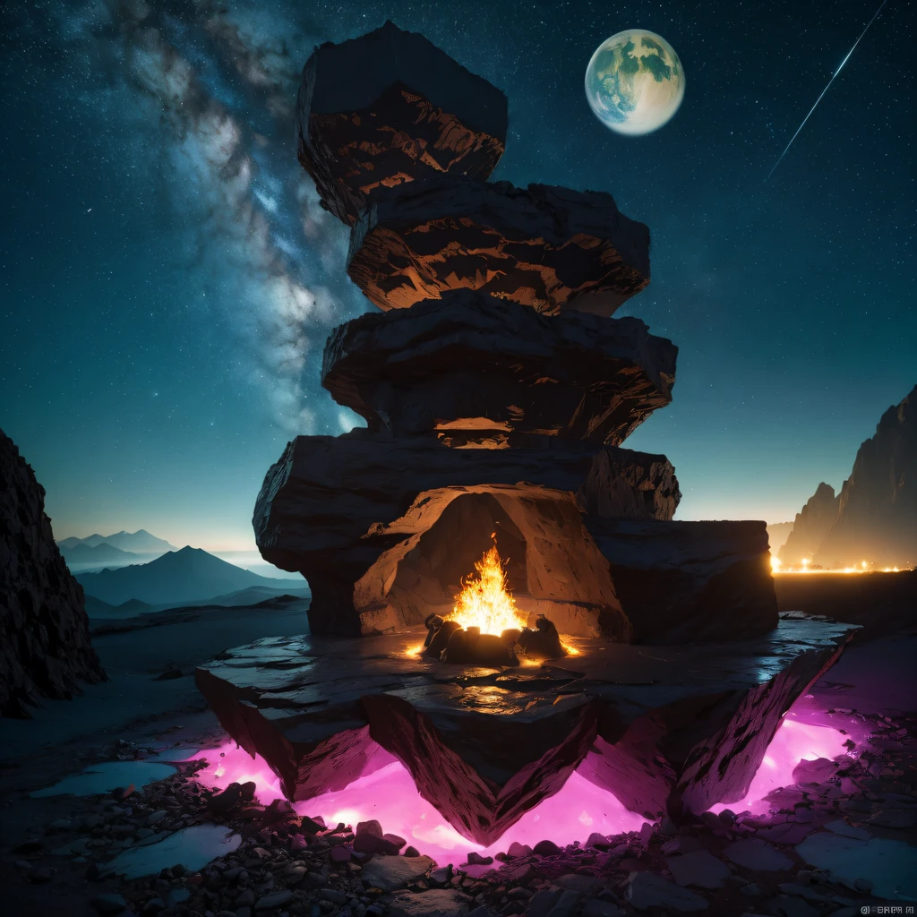 Alien Hexagonal Base (very detailed nipples) In a hexagonal mountain oasis,There are several hexagonal exhaust fans and chimneys, some neon lights projecting from the base,Light up the dark night), There are some clouds in the night sky, Some surrounding planets provide air to unknown planets,The most remote giant hexagonal volcano erupts,the rainforest