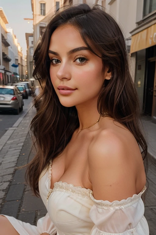 ce_girl, posing on a street curb, golden hour, seductive 22-year-old European woman. She beautiful and sexy, with long wavy hair. She has an angelic face, perfect eyes, bedroom eyes, closed lips, Her personality gentle and intellectual, and she seductive, she wearing a lace dress, off shoulder, soft and sincere expression that exudes seduction, generate a realistic image of her, capturing all these details and characteristics. Ensure that the image conveys her essence,