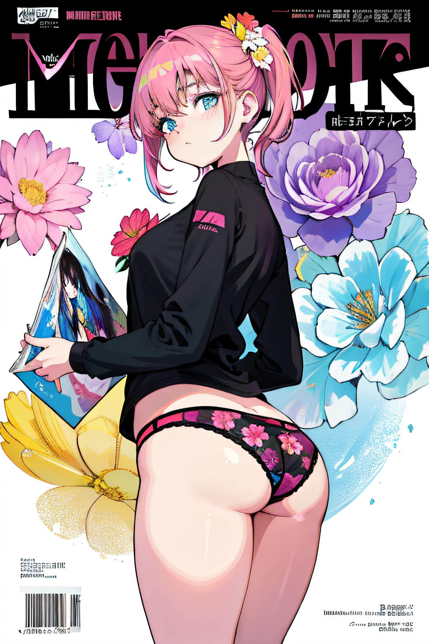 masuter piece, Best Quality, 1girl in, a 18 year old girl, from behind, (Floral panties), Vibrant colors, Volumetric lighting, Best Shadows, Shallow depth of field, (Highest Quality, Amazing details:1.25), bright and colorful painting magazine cover)), linear art, Colorful, magazine title, 80s pop