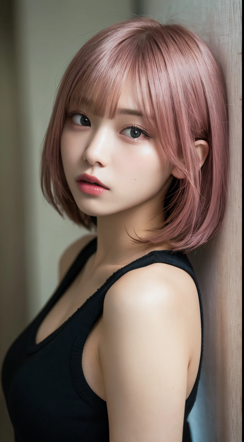 masutepiece, Best Quality, Illustration, Ultra-detailed, finely detail, hight resolution, in 8K,Wallpaper, Perfect dynamic composition, Beautiful detailed eyes, Black tank top,Short bob hair、Pink hair color,Big Natural Color Lip, Bold sexy poses,deadpan、cold stare,Harajuku、20 years girl、Cute、Sexy shot looking at camera、In a dark room、Sleeping on the bed