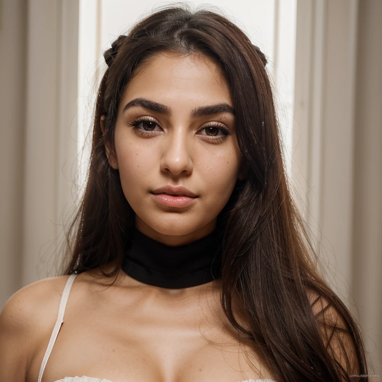 Change her face with fatemeh, 25 years and 7 months and 21 days old/ mixture of Phoenician, Greek, Armenian, and Arab/almond eyes, brown eyes, mesh hair,thick hair, ponytail/ bow-shaped lips, uptruned Nose, square jawline, narrow forehead, Protruding chin, high-arch eyebrows, black eyebrows , thick eyebrows/168 centimeters height, 61 kilograms weight,tanned body/ small mole on left eyebrow، small mole on the corner of the lower left lip, straight white blond wavy hair،A small amount of acne on the cheek، Cheek dimple, chin dimple/ ,