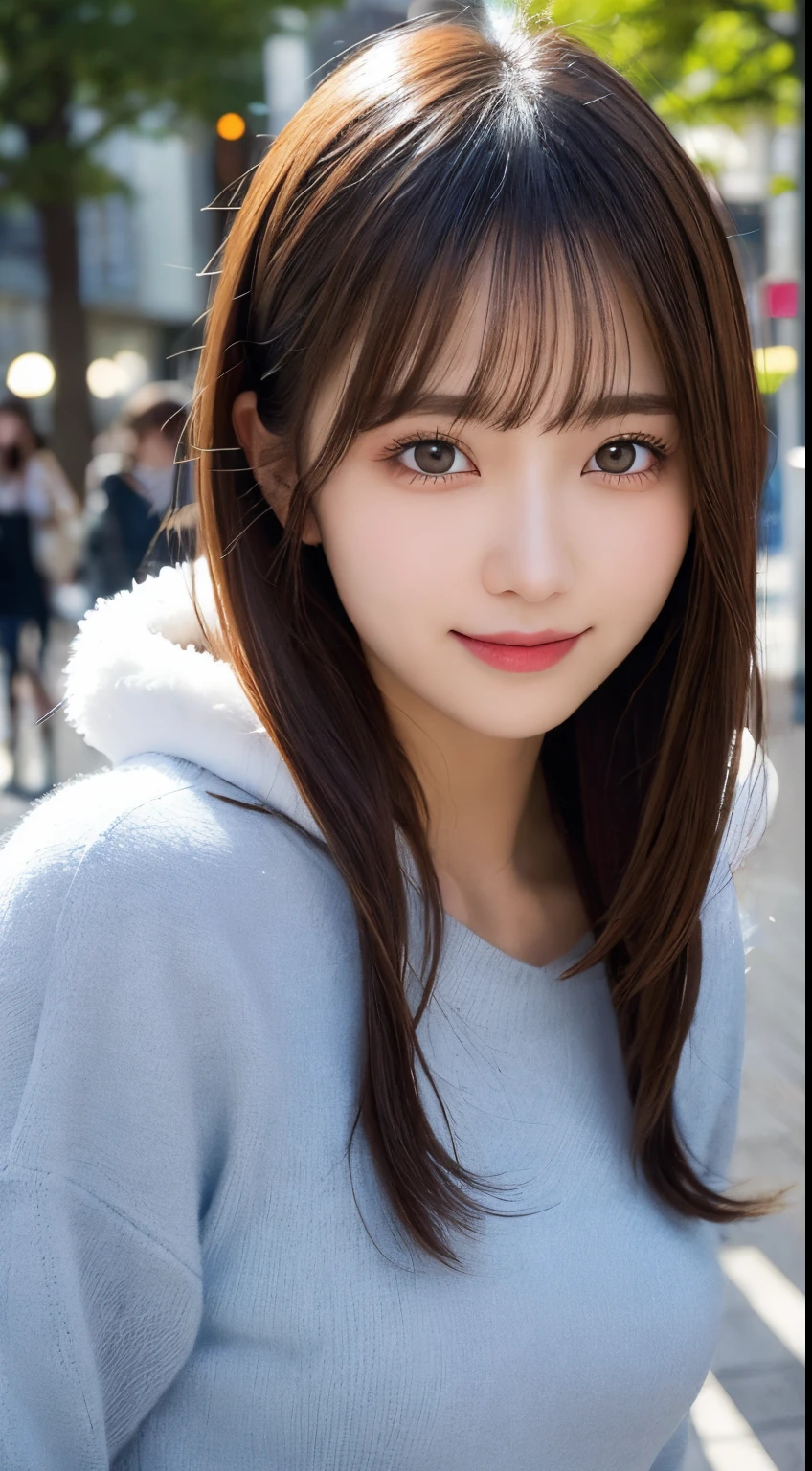 masutepiece, Best Quality, Illustration, Ultra-detailed, finely detail, hight resolution, 8K Wallpaper, Perfect dynamic composition, Beautiful detailed eyes, Women&#39;s fashion fluffy winter clothes,Medium Hair,Small breasts natural color lip, Bold sexy poses,Smile,Harajuku、20 years girl、Cute、Sexy shot looking at camera、Blur the background、slim face and style