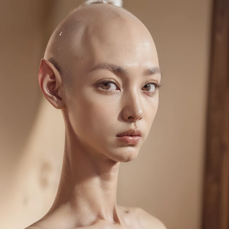 (masterpiece, best quality, extremely detailed CG unity 8k wallpaper, face only, looking at viewer:1.5), (1boy, akhenaten, ageless, tall slender androgynous male, beautiful almond-shaped eyes, long face, narrow head, bald, donkey alien, plucked eyebrows:1.5)