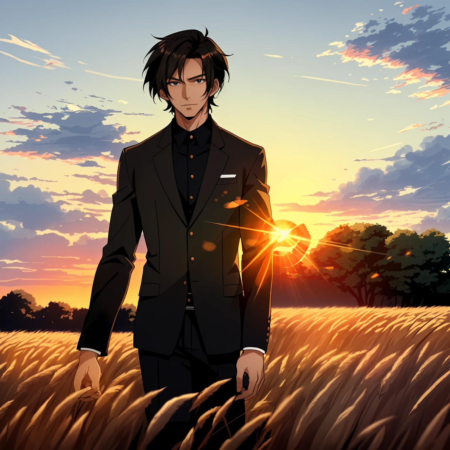 Rye field with sunrise background, anime handsome man,with short black hair,Black eyelackn clothes