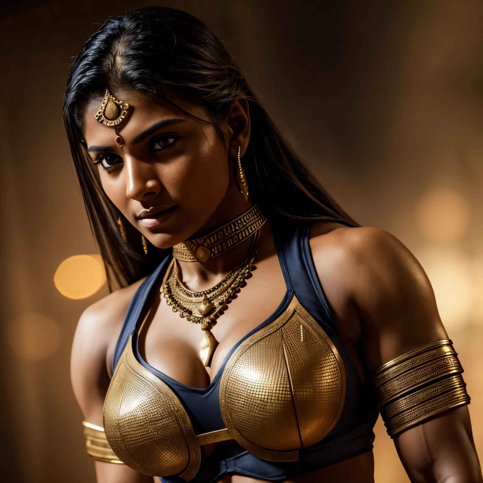 Indian girl as a warrior, body Closeup, wearing only bottom armour, dynamic pose, muscles beauty, heroic look, athletic build, tight costume, very beautiful, sexy, Big natural breast, cleavage, Mature, milf, Full body shot, body close up, symmetrical, perfect face and body, 4k, high-res, masterpiece, best quality, sharp focus, (cinematic lighting), detailed face,