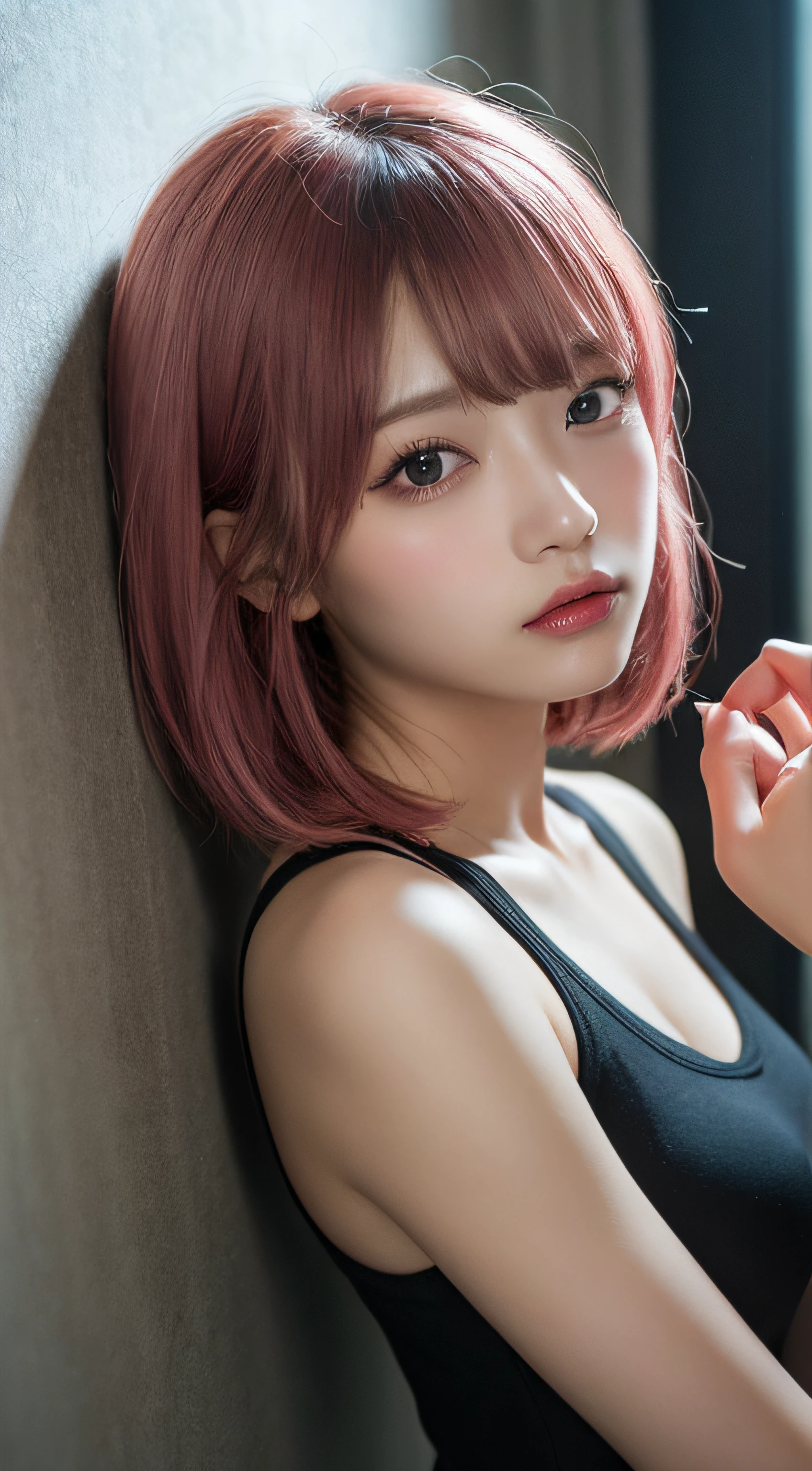 masutepiece, Best Quality, Illustration, Ultra-detailed, finely detail, hight resolution, in 8K,Wallpaper, Perfect dynamic composition, Beautiful detailed eyes, Black tank top,Short bob hair、Pink hair color,Big Natural Color Lip, Bold sexy poses,deadpan、cold stare,Harajuku、20 years girl、Cute、Sexy shot looking at camera、In a dark room、Sleeping on the bed