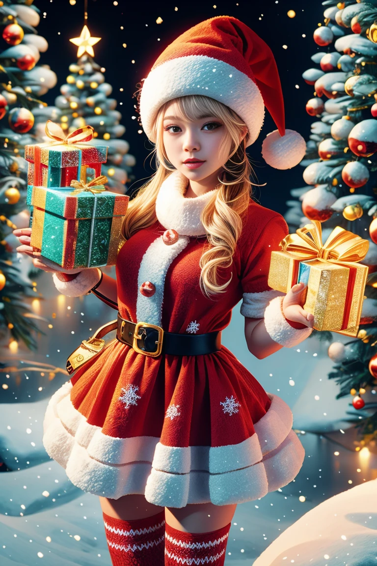 Christmas, 1 cute and beautiful girl wearing glowing traditional Santa Claus costume, holding a beautiful Christmas wreath in her hands, standing in a bright and warm Christmas decorated room, Christmas tree, gifts, Christmas socks, fireplace, looking with eyes Audience, first-person perspective, photo album, seven clones