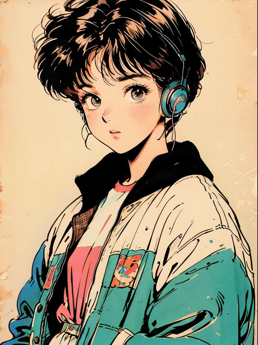 short brown hair, girl, vintage 90's, romance anime style, cardigan, lipgloss, headphones