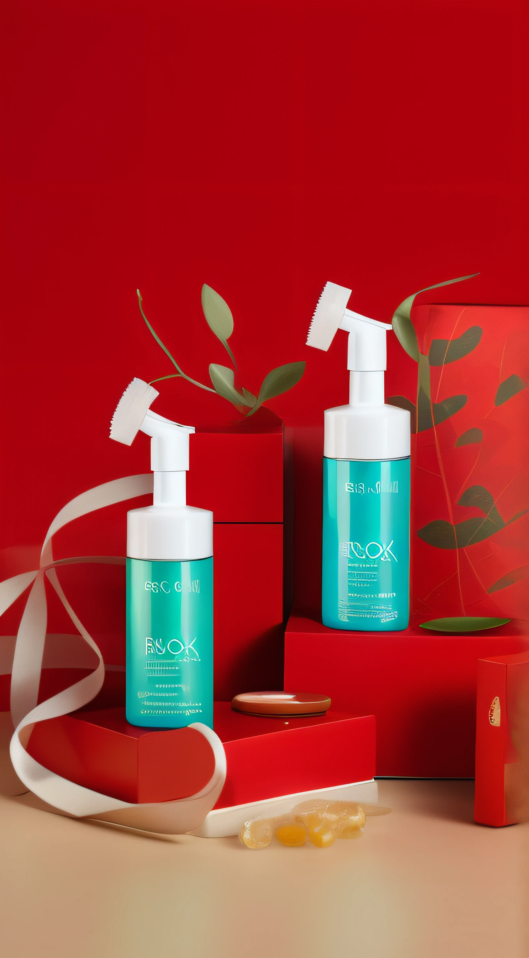 Two bottles of lotion are placed on the red box, vacation, product photograph, glistning skin, product introduction photos, Shooting for a skin care brand, fotografia do produto, professional product shot, higher detailed, cleanest image, clean face and body skin, dramatic product shot, the face, 2, product introduction photos, exclusive, professional product photo, Frankness, professional product photography