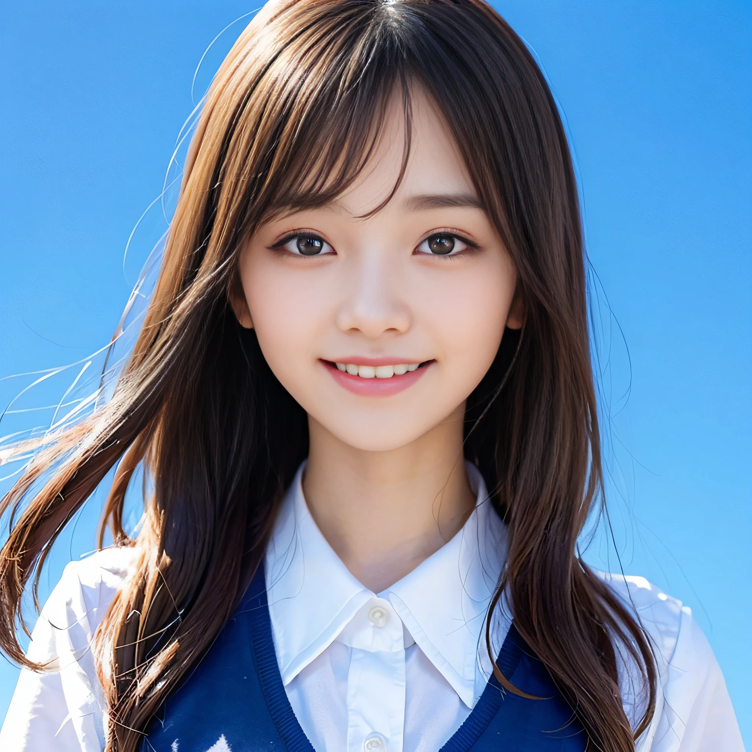 Slender schoolgirl、cute smile face、Close-up configuration、Blue Sky Background