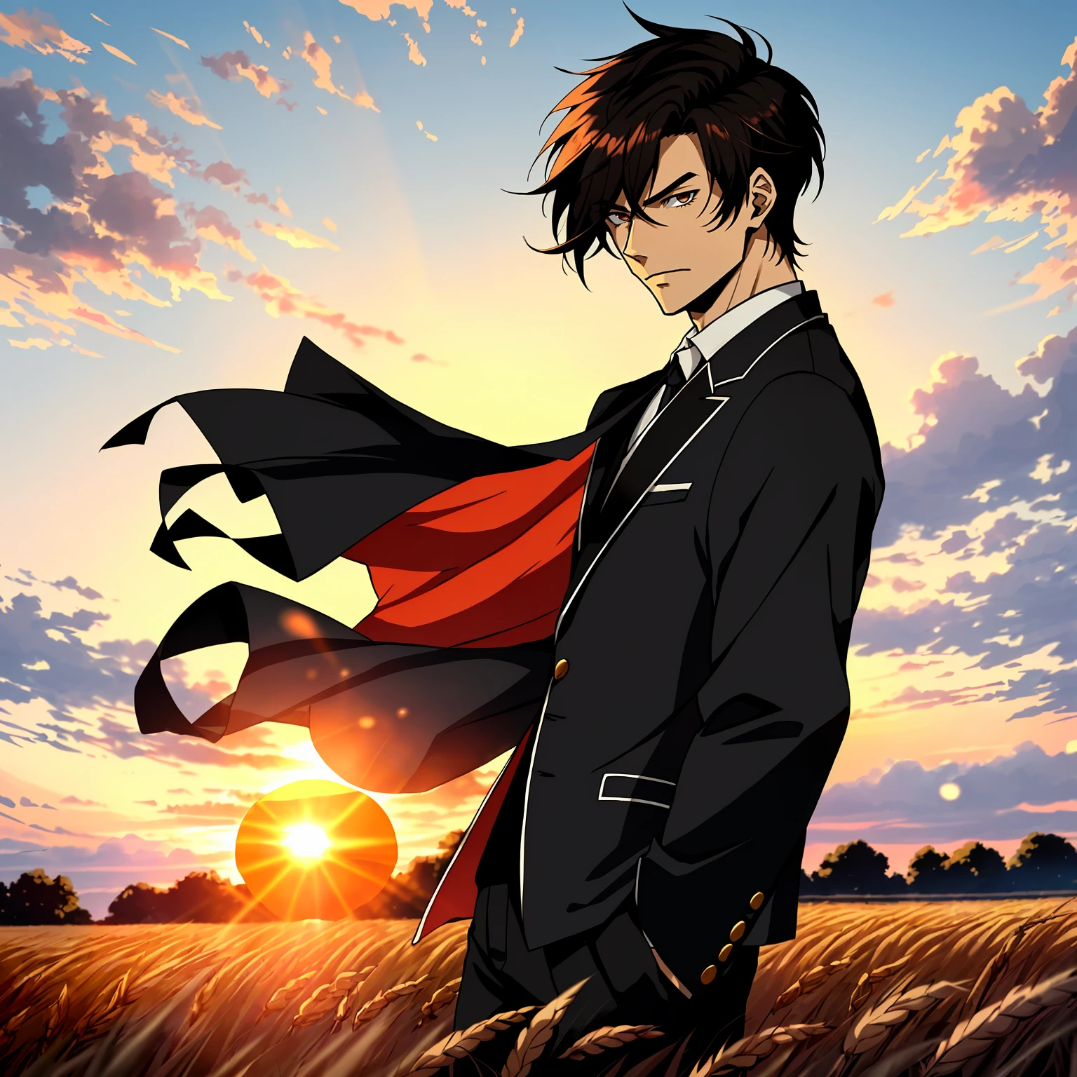 Rye field with sunrise background, anime handsome man,with short black hair,Black eyelackn clothes