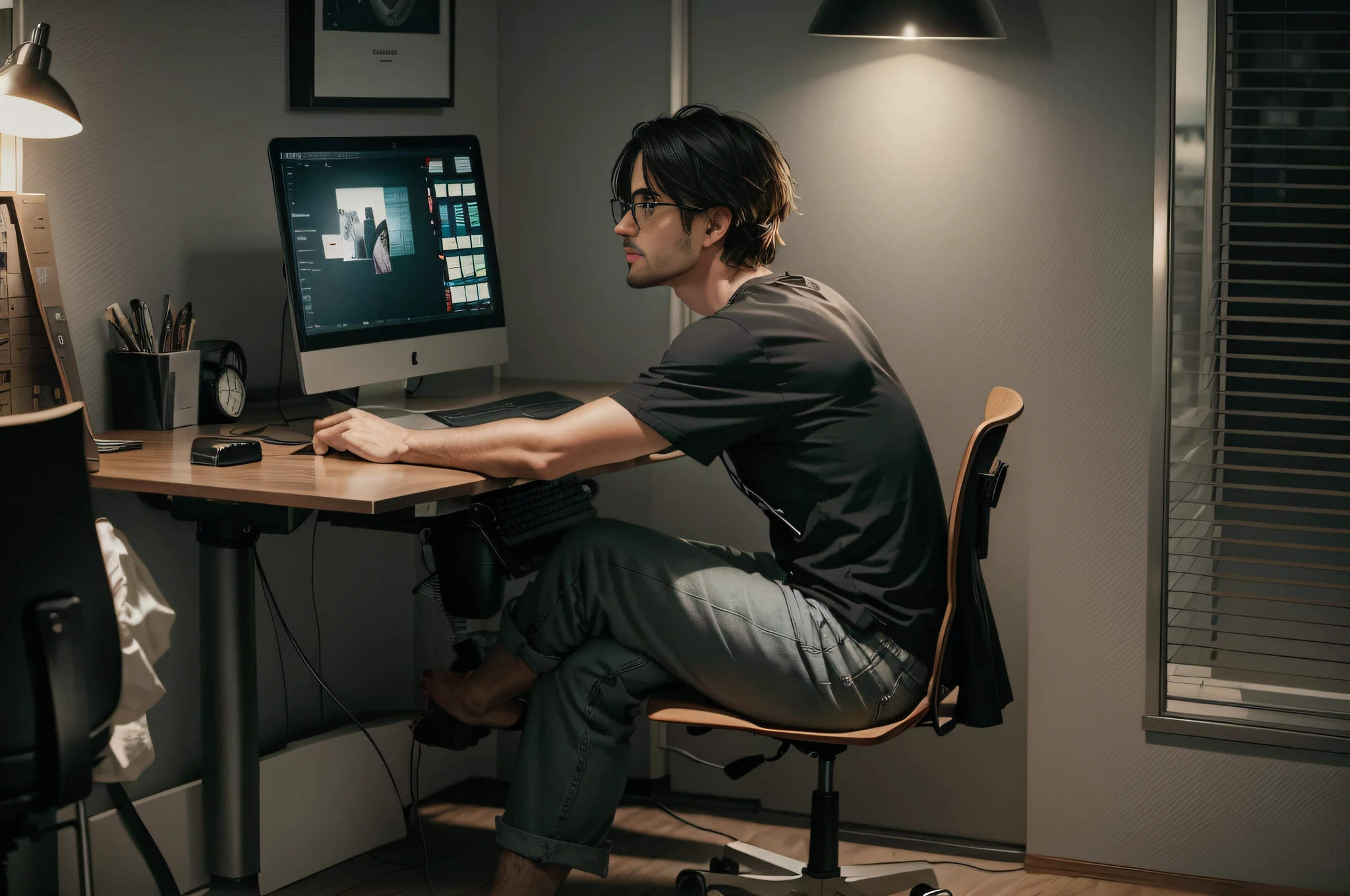 There is a man sitting at a desk with a computer on it..., sitting at a computer desk, Sitting in front of a computer, sitting in front of computer, ergonomic, Home Office, Sitting on a desk, Sitting at a desk, Relaxed posture, sitting at the desk, Keyboard sits at desk, sitting dynamic pose, sitting on designer chair, Good posture