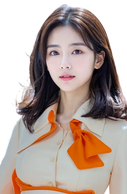 orange office lady suit（Skirt type）, Luxury, White shirt, ​masterpiece, delicate fabric, Detailed skin connection