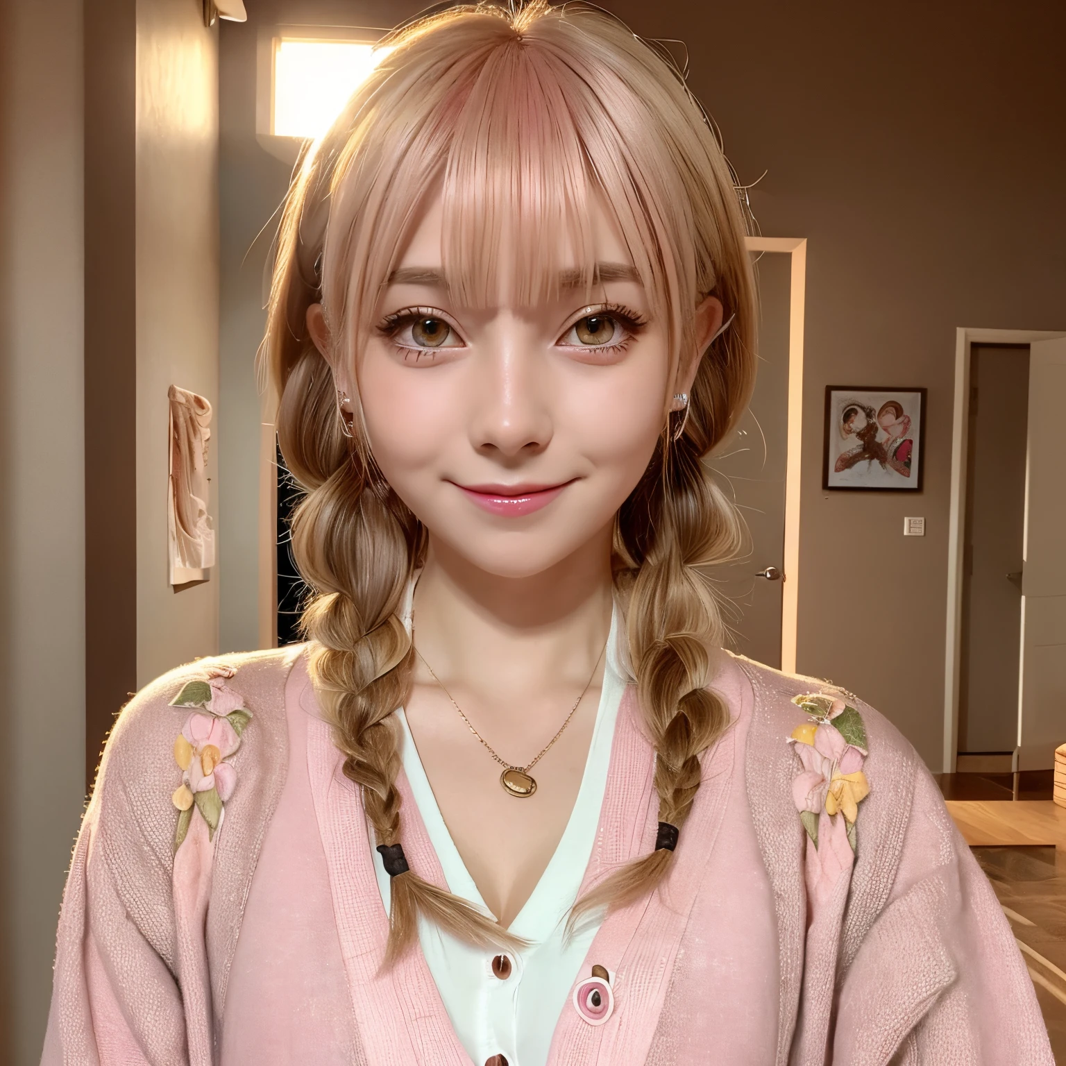 (((Anime))), ((Animated)), (Gal), Medium Hair, (Braid hair:1.3), (Blunt bangs:1.2),Two-tone hair, Blonde hair, (Pink hair), Round face, Red Eyes, (drooping eyes), (((tareme))),Pink lip,Piercing,Necklace,[Black skin], lightsmile, ((((Cute)))), Beautiful, 1 girl, Solo, (Cardigan:1.4), [cleavage cutout],piece sign,Beautiful background,(crass room:1.5),evening,Sunlight,Backlighting,masutepiece,Best Quality,Exquisite,8K,absurderes,superfine illustration,(Looking at Viewer)