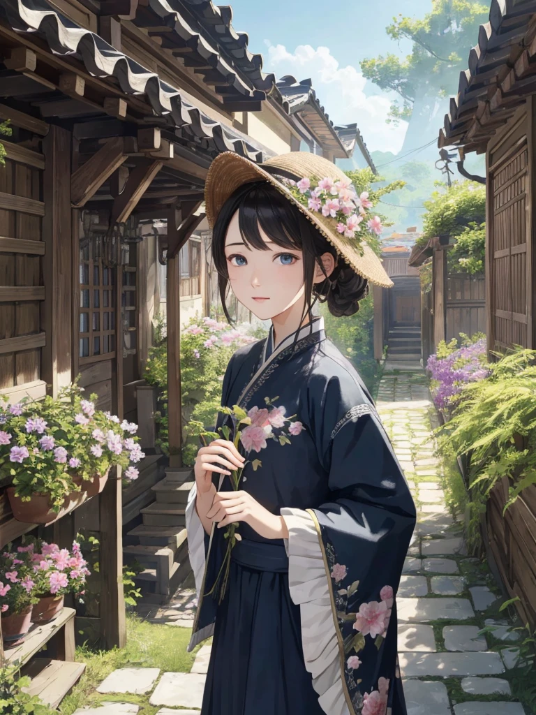 top-quality、4k wallpaper、masterpiece、Highly Detailed CG Unity 8K Wallpaper Highly Detailed Eyes、ultra-detailliert、intricate-detail、、1girl in、looking at the viewers、outside of house、garden、background under flowers、
