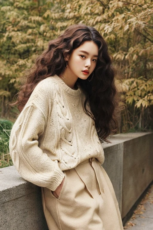 women are beige,a 20 yo woman、Pattsun bangs、long hair with big curls、wearing sweater、Retro、Fashion Editorial