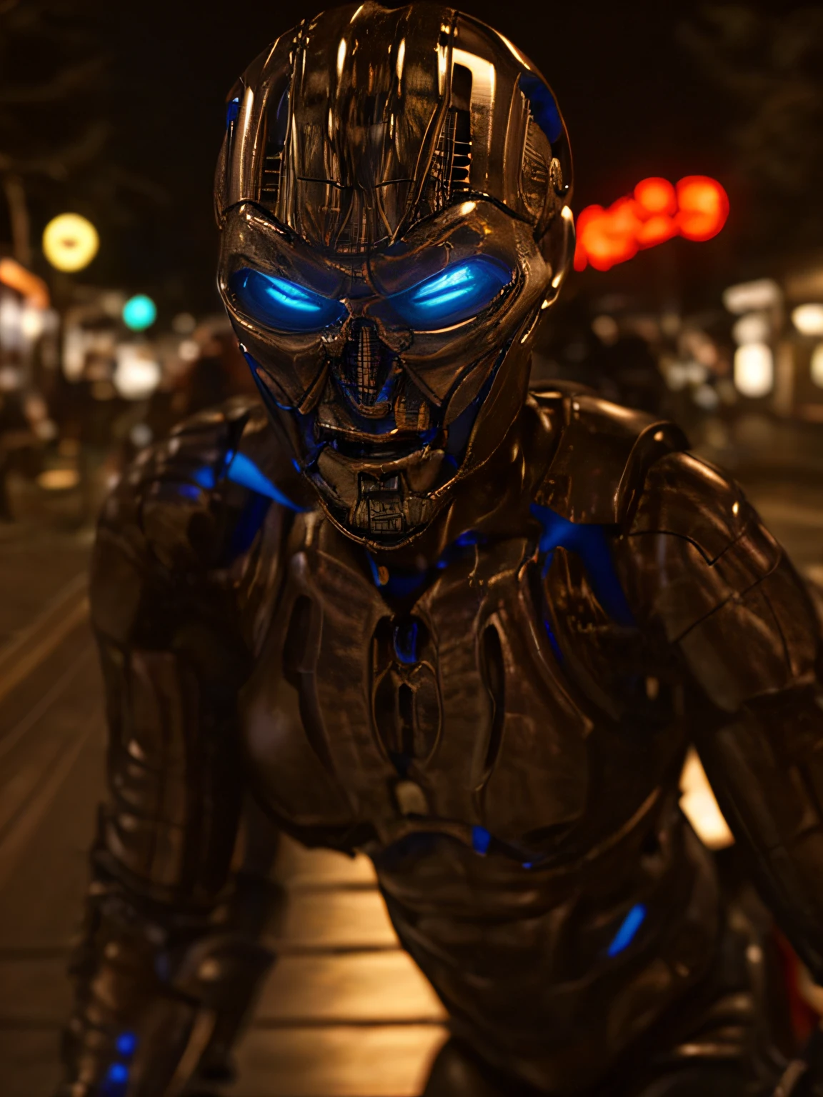 realistic, TX in city street, night time, realistic lighting, (TX Endoskeleton:1.1), detailed TX endoskeleton, ultrarealistic TXendo, (deep focus), (sharp details), (very high quality), (ultra HD), (8K:1.0)