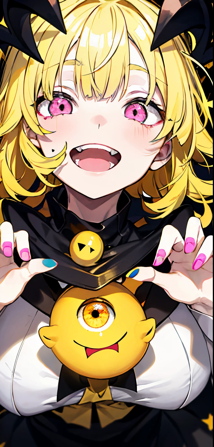 original character , 1girl, (crazy smile:1.2) ,  blonde hair , bangs , crazy eyes , hands on face , yellow blood splatter on face , yellow and black color scheme, open mouth, (wide-eyed:1.2), glowing eyes, left star shaped eye, star shaped eye,  pink eyes, pink eyes