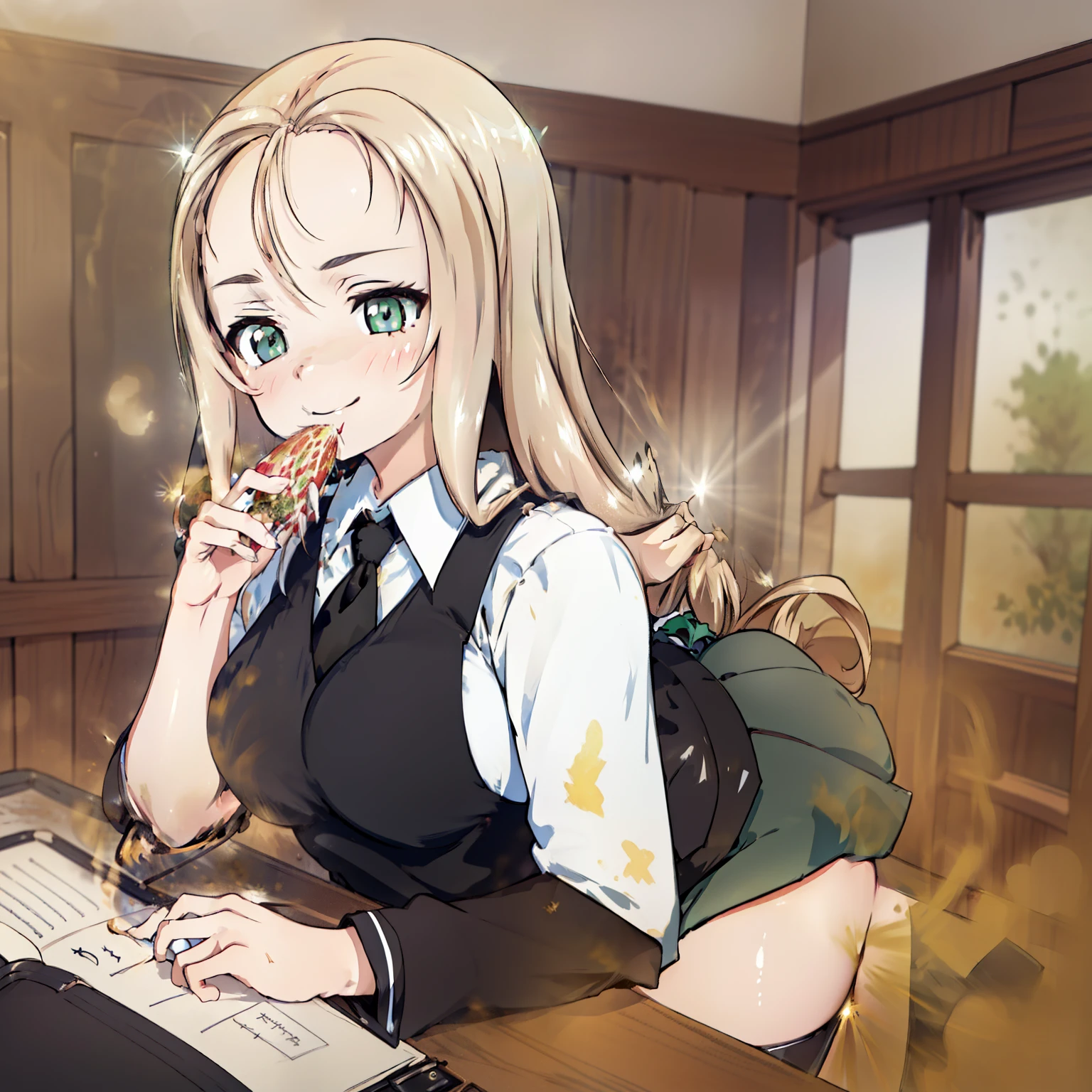 (anime), ((extremely detailed 8k illustration)), high extremely detailed and beautiful), ultra detailed painting, professional illustration, Ultra-precise depiction, Ultra-detailed depiction, (beautiful and aesthetic:1.2), HDR, (depth of field:1.4), professional illustration, perfect lighting, extremely detailed and beautiful, (extremely detailed background), (beautiful detailed glow light particles), (lens flare), (bloom light), indoors, cafe, (girls und panzer, marie), (young girl), (school uniform, white shirt, diagonal-striped necktie, black vest, black dress,), (highly detailed beautiful face and eyes, eyebrows, green eyes, drill hair), (medium breasts), shiny skin, cute, smile, eating sweets, zettai ryouiki, fart, farting, yellow gas,