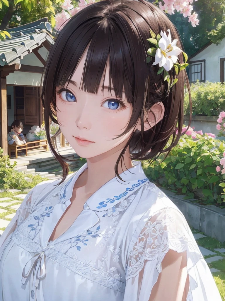 top-quality、4k wallpaper、​masterpiece、Highly Detailed CG Unity 8K Wallpaper Highly Detailed Eyes、ultra-detailliert、intricate-detail、、1girl in、looking at the viewers、outside of house、garden、background under flowers、