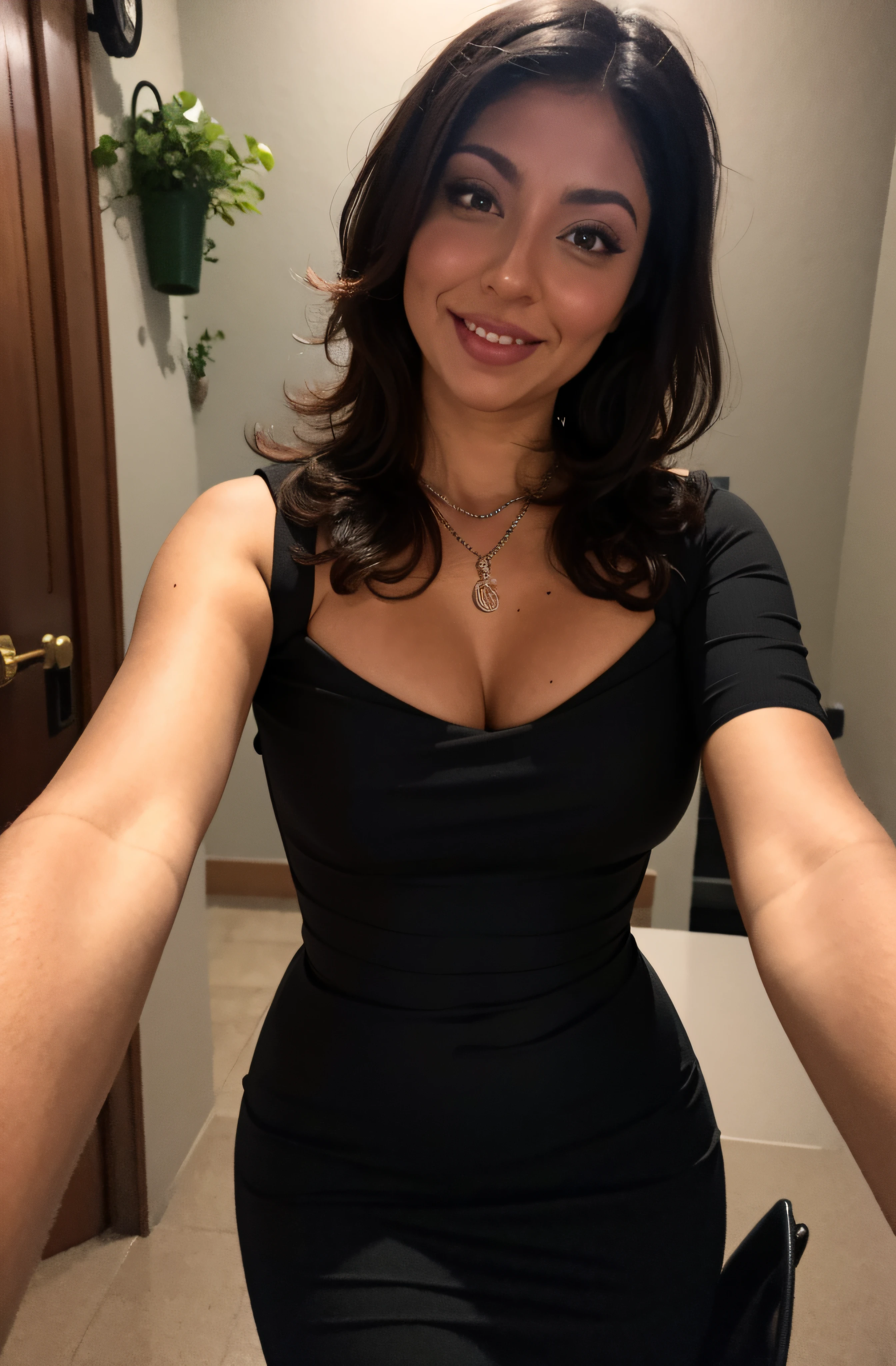 A close up of a woman in a black dress taking a selfie - SeaArt AI