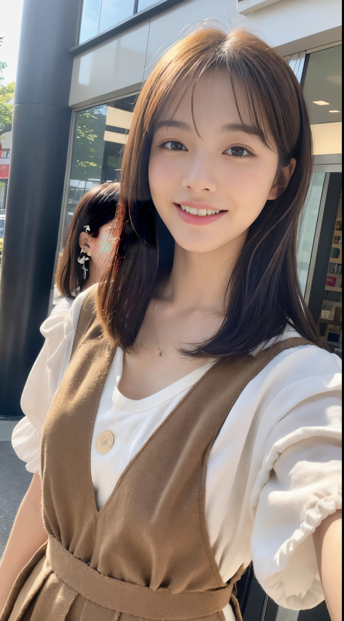 (8K、Raw photography、top-quality、masuter piece:1.2)、ultra-detailliert、ultra res、(realisitic、rialistic photo:1.37)、portlate、high-definition RAW color photography、Professional Photography、highly detailed and beautiful、ighly detailed、8K Wallpapers、amazing detailed、huge filesize、Official art、Highly detailed CG Unity 8K wallpapers、highly detailed beautiful girl、extra detailed face、extremely detailed eye、highlydetailed skin、extremely detailed fingers、highly detailed nose、very detailed detailed mouth、Perfect Anatomy、highly detailed back ground、Highly detailed clothing、 1 人、(18:1.2)、、Cute girl funny Japanese idol、cute little、Realistic body、小柄、de pele branca、glistning skin、Slim body、Handsome body、brown haired、Short curly hair、(Blunt bangs:1.2)、A smile、kawaii、zora々Right、kawaii faces、Lifelike face、Delicat eyes、Sauce order、She is wearing a fluffy dress.、skirt by the、耳Nipple Ring、Looking at the camera、cowboy shot、front facing、Standing、Contrapo, high street, 动态照明,