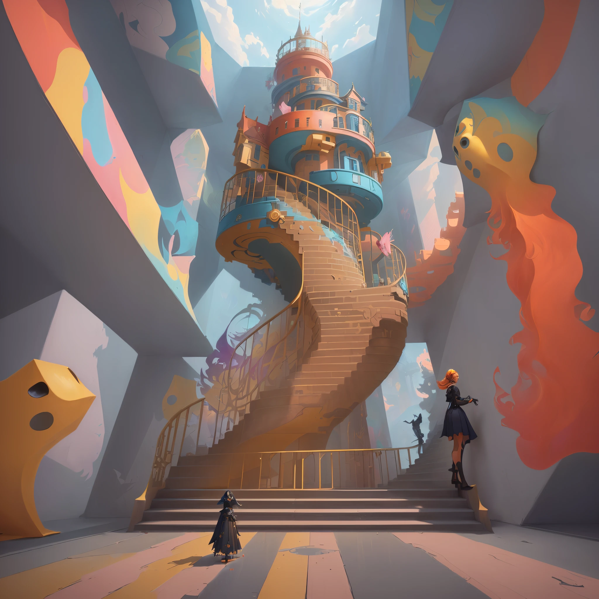 There is a picture of the stairs leading to the building., inside her surreal vr castle, children's art in artstation, Surreal concept art, Inspired by The Nevercrew, jeongseok lee, James Gilliard and James Jean, colorful concept art, cyril rolando and goro fujita, Penrose Staircase, beeple and james jean, surrealism 8k