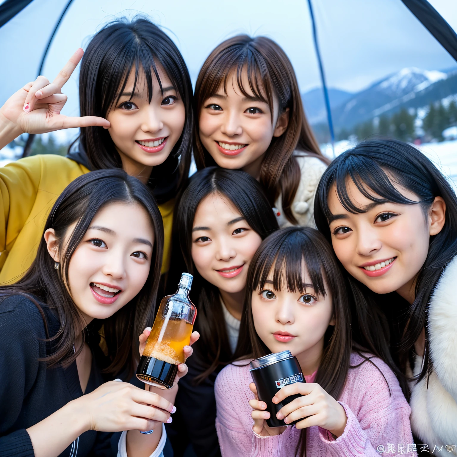 Best-quality, Masterpiece, Ultra-High-Resolution, (Photorealistic:1.4), Raw-Photo, Extremely-Details, Perfect-Anatomy,
many young girls having a lot of fun at tent camping in snowy mountains, All members of most popular Japanese idol groups, Detailed snowy mountains, Detailed tent camping situation,
All chugging whiskey from hip flasks, All completely drunk, All facing each other, All laughing out loud, Detailed hip flasks,
(((All extremely cute faces like a most famous Japanese idol, All extremely beautiful very big black solid circle eyes, All detailed cute faces like a most famous Japanese idol, All detailed beautiful very big black solid circle eyes)))