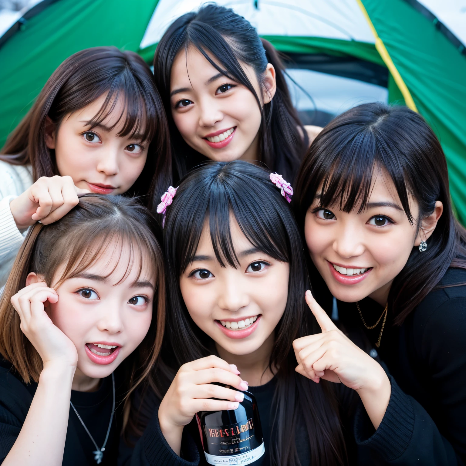 Best-quality, Masterpiece, Ultra-High-Resolution, (Photorealistic:1.4), Raw-Photo, Extremely-Details, Perfect-Anatomy, 

many young girls having a lot of fun at tent camping in snowy mountains, All members of most popular Japanese idol groups, Detailed snowy mountains, Detailed tent camping situation, 

All chugging whiskey from hip flasks, All completely drunk, All facing each other, All laughing out loud, Detailed hip flasks, 

(((All extremely cute faces like a most famous Japanese idol, All extremely beautiful very big black solid circle eyes, All detailed cute faces like a most famous Japanese idol, All detailed beautiful very big black solid circle eyes)))